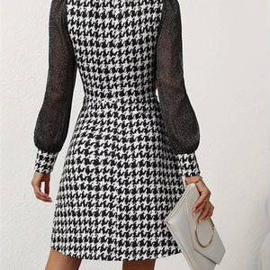 Houndstooth Square Neck Long Sleeve Mini Dress