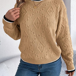 Contrast Trim Round Neck Long Sleeve Sweater