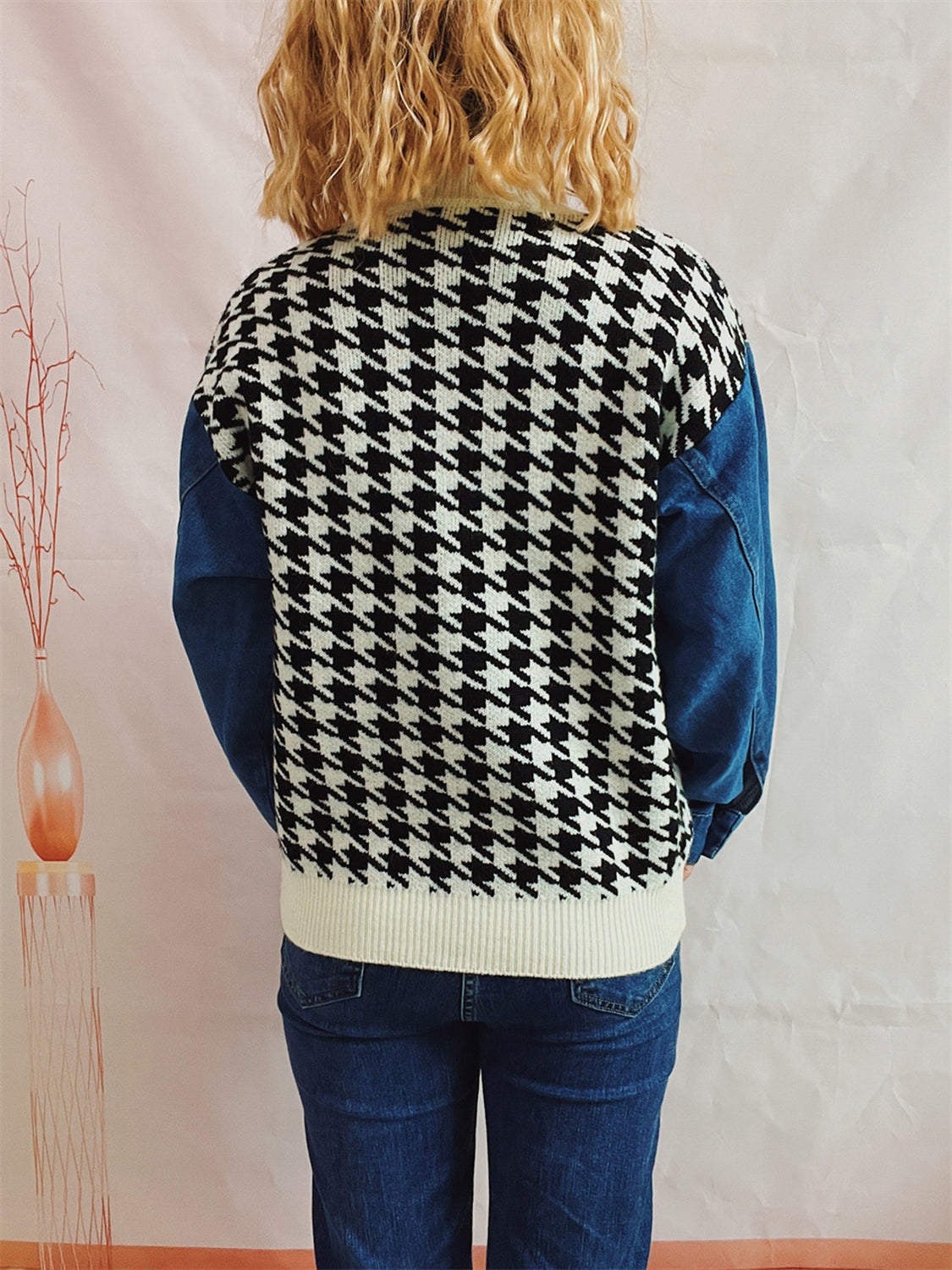 Houndstooth Denim Sleeve Sweater