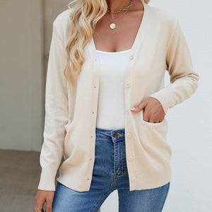 Pocketed V-Neck Button Up Long Sleeve Cardigan