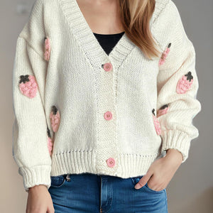 Crochet Strawberry V-Neck Long Sleeve Cardigan