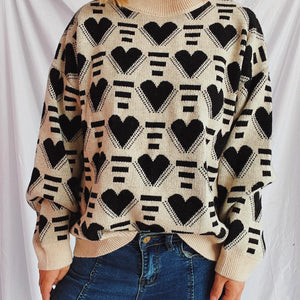 Heart Contrast Long Sleeve Dropped Shoulder Sweater