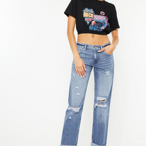 Kancan Mid Rise Distressed Straight Jeans