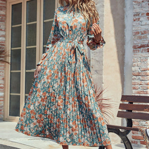 Perfee Tied Pleated Printed Mock Neck Long Sleeve Dress