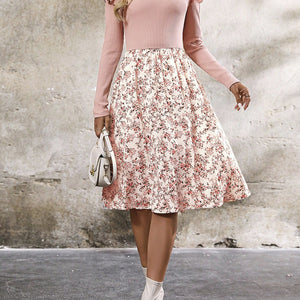 Ruffled Floral Long Sleeve Knee Length Dress