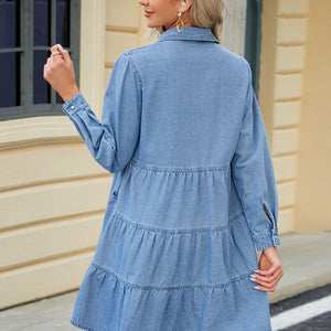 Tiered Button Up Long Sleeve Denim Dress