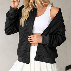 Texture Zip Up Baseball Collar Long Sleeve Jacket