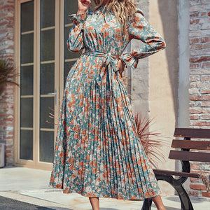 Perfee Tied Pleated Printed Mock Neck Long Sleeve Dress