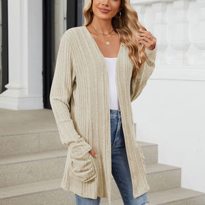 Pocketed Open Front Long Sleeve Cardigan