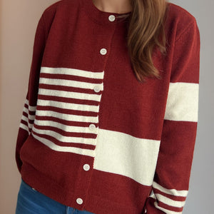 Striped Color Block Round Neck Cardigan