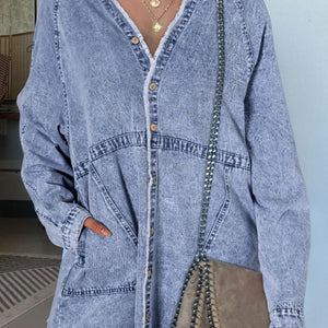 Raw Hem Button Down Long Sleeve Denim Dress