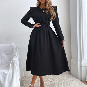 Ruched Ruffled Round Neck Long Sleeve Dress