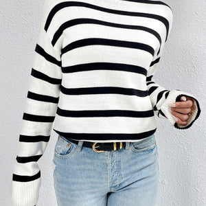 Striped Turtleneck Drop Shoulder Sweater