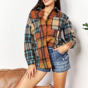 Double Take Plaid Curved Hem Shirt Jacket with Breast Pockets