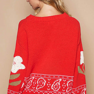 POL Flower Lace Patch Long Sleeve Sweater