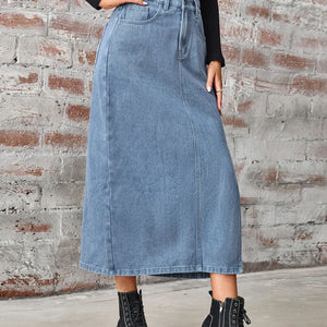 Slit High Waist Denim Skirt with Pockets