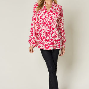 Double Take Full Size Printed Ruffle Trim Balloon Sleeve Shirt