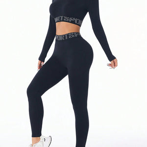 Letter Print Round Neck Long Sleeve Top and Leggings Active Set