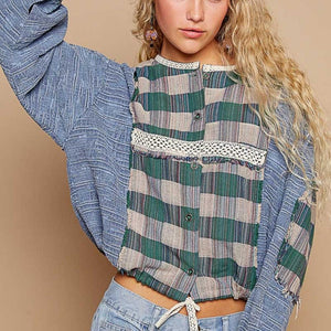 POL Round Neck Long Sleeve Plaid Shirt