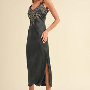 Mable Embroidered Cami Satin Midi Slit Dress