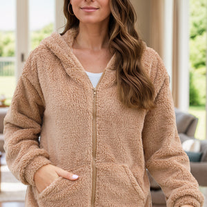 Zip Up Long Sleeve Fuzzy Hooded Outerwear