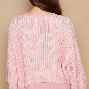 POL Round Neck Heart Patch Zipper Point Sleeve Sweater