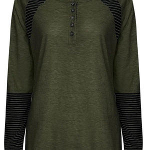 Full Size Striped Quarter Button Long Sleeve T-Shirt