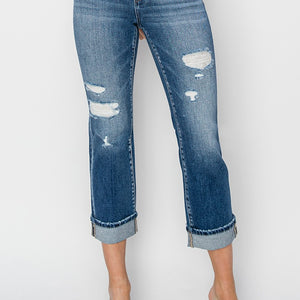 RISEN Full Size Cuffed Ankle Distressed Straight Jeans