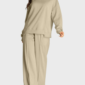 Round Neck Long Sleeve Top and Slit Pants Set