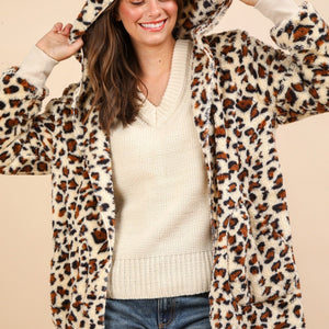 VERY J Fuzzy Leopard Long Sleeve Hooded Jacket