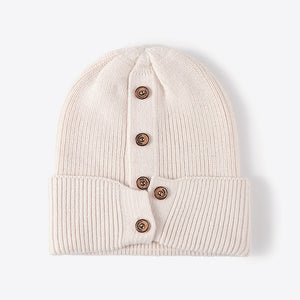 Button Detail Rib-Knit Cuff Beanie