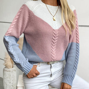 Color Block Round Neck Long Sleeve Sweater