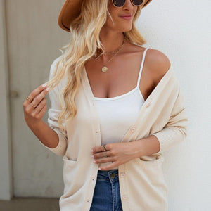 Pocketed V-Neck Button Up Long Sleeve Cardigan