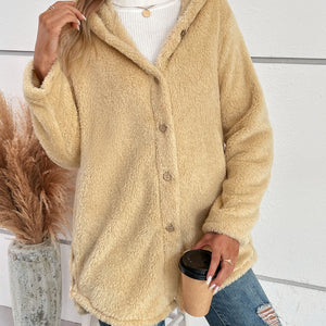 Fuzzy Button Up Hooded Jacket