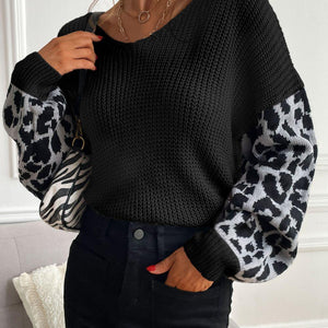 Perfee Leopard Sleeve Dropped Shoulder Sweater