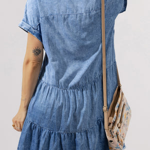 Raw Hem Collared Neck Short Sleeve Denim Dress