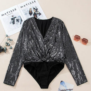 Sequin Surplice Long Sleeve Bodysuit