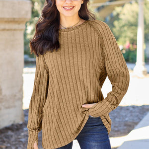 Basic Bae Full Size Ribbed Round Neck Long Sleeve Knit Top