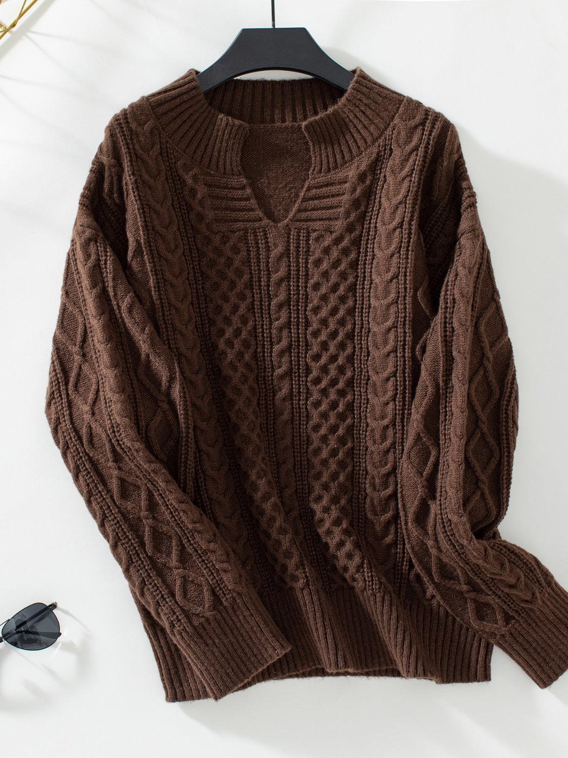 Cable-Knit Notched Long Sleeve Sweater