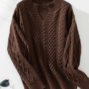 Cable-Knit Notched Long Sleeve Sweater