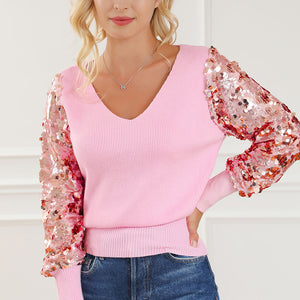 Sequin Long Sleeve V-Neck Sweater