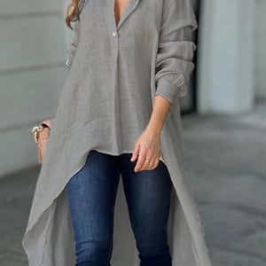 Full Size High-Low Collared Neck Long Sleeve Shirt