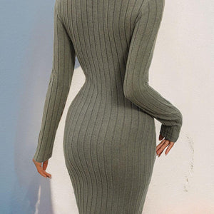 Perfee Decorative Button Round Neck Long Sleeve Dress