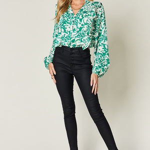 Double Take Full Size Printed Ruffle Trim Balloon Sleeve Shirt