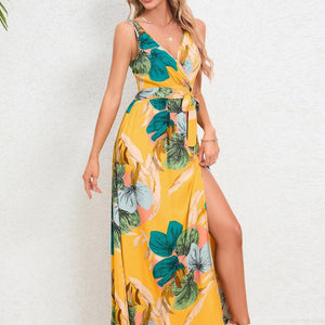 Slit Tied Printed Surplice Dress