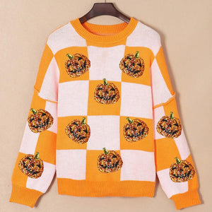 Pumpkin Checkered Round Neck Long Sleeve Sweater