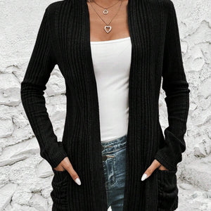 Pocketed Open Front Long Sleeve Cardigan