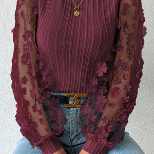 Double Take Textured Applique Long Sleeve Blouse