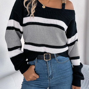 Color Block Asymmetrical Neck Long Sleeve Sweater