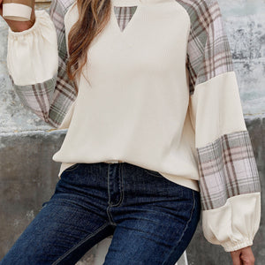 Perfee Plaid Round Neck Long Sleeve Sweatshirt